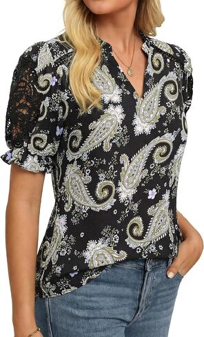 GRACE KARIN Women Boho Floral Tops, Summer Short Sleeve Shirts, V Neck Dressy Casual Blouse Work Printed 2026 Spring Trendy in Kuwait