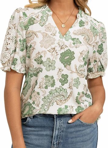 GRACE KARIN Women Boho Floral Tops, Summer Short Sleeve Shirts, V Neck Dressy Casual Blouse Work Printed 2026 Spring Trendy in Kuwait
