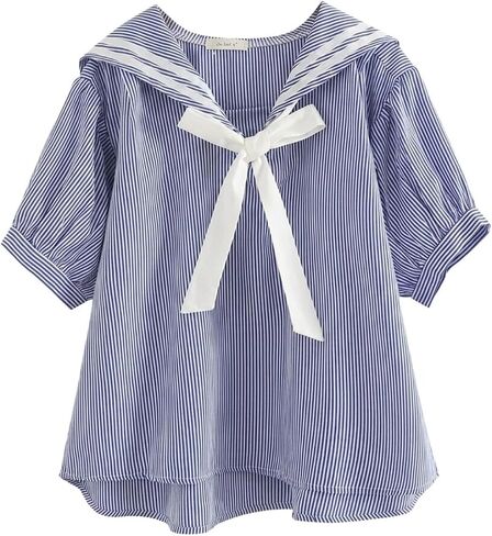 Sailor Cotton Shirt for Women, Summer Outfit Top, Short Sleeve Bow Tie Casual Pullover Blouse for 99-138lbs in Saudi Arabia