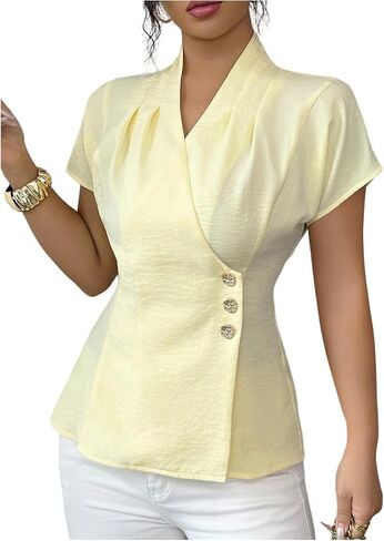 OYOANGLE Women's Elegant Button Down Wrap Blouse V Neck Short Sleeve Sheer Pleated Tops in Kuwait
