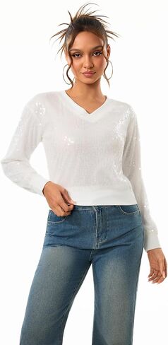 Women’s Sequin Tops Sparkly Long Sleeve V Neck Cropped Blouse Glitter Party Concert Evening Casual Shirt in Saudi Arabia