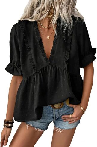 Womens Ruffle Blouses Fashion V Neck Babydoll Tops Summer Beach Vacation Boho Clothes in Saudi Arabia