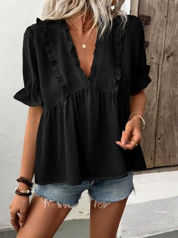 Womens Ruffle Blouses Fashion V Neck Babydoll Tops Summer Beach Vacation Boho Clothes in Saudi Arabia