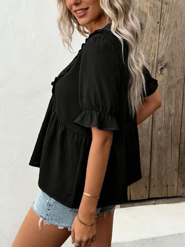 Womens Ruffle Blouses Fashion V Neck Babydoll Tops Summer Beach Vacation Boho Clothes in Saudi Arabia
