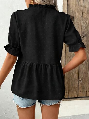 Womens Ruffle Blouses Fashion V Neck Babydoll Tops Summer Beach Vacation Boho Clothes in Saudi Arabia