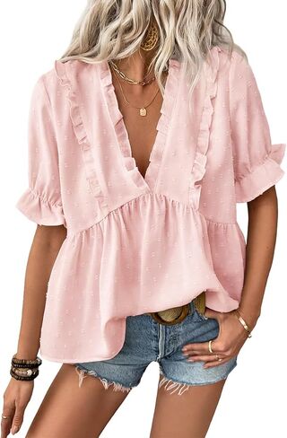 Womens Ruffle Blouses Fashion V Neck Babydoll Tops Summer Beach Vacation Boho Clothes in Saudi Arabia