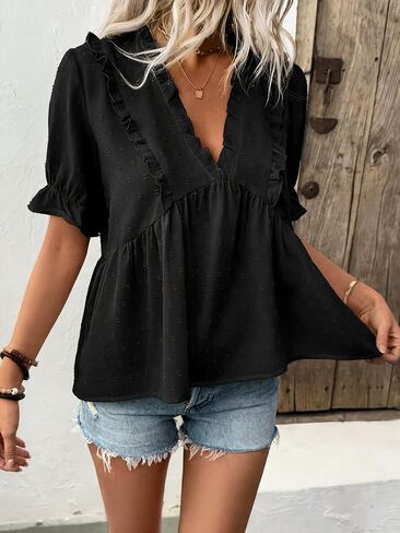 Womens Ruffle Blouses Fashion V Neck Babydoll Tops Summer Beach Vacation Boho Clothes in Saudi Arabia