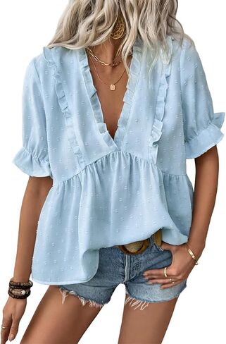 Womens Ruffle Blouses Fashion V Neck Babydoll Tops Summer Beach Vacation Boho Clothes in Saudi Arabia