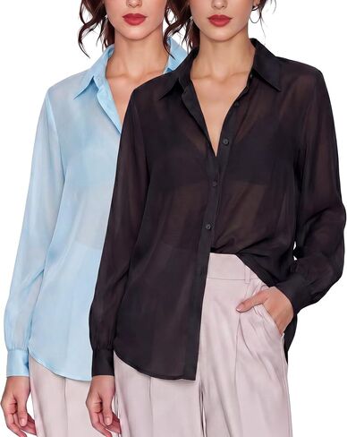 Didaey 2 Pack Sheer Tops for Women, Sheer Button up Blouse, Long Sleeve Sexy See Through Tops Mesh Shirts for Summer in Kuwait