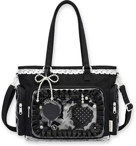 Pink Ita Tote Crossbody Bag with Insert, Large Lace Clear Window Pin Display Bag, Kawaii Ruffle Ita Bag for Anime Convention(no pins&plushes) in Saudi Arabia