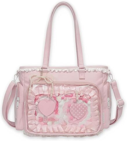 Pink Ita Tote Crossbody Bag with Insert, Large Lace Clear Window Pin Display Bag, Kawaii Ruffle Ita Bag for Anime Convention(no pins&plushes) in Kuwait