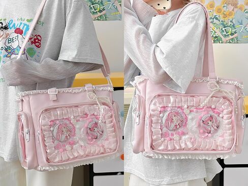 Pink Ita Tote Crossbody Bag with Insert, Large Lace Clear Window Pin Display Bag, Kawaii Ruffle Ita Bag for Anime Convention(no pins&plushes) in Kuwait