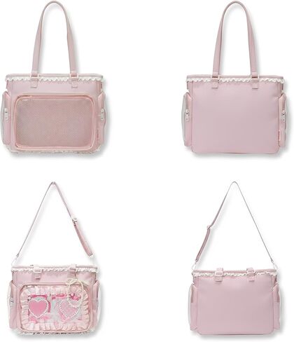 Pink Ita Tote Crossbody Bag with Insert, Large Lace Clear Window Pin Display Bag, Kawaii Ruffle Ita Bag for Anime Convention(no pins&plushes) in Kuwait