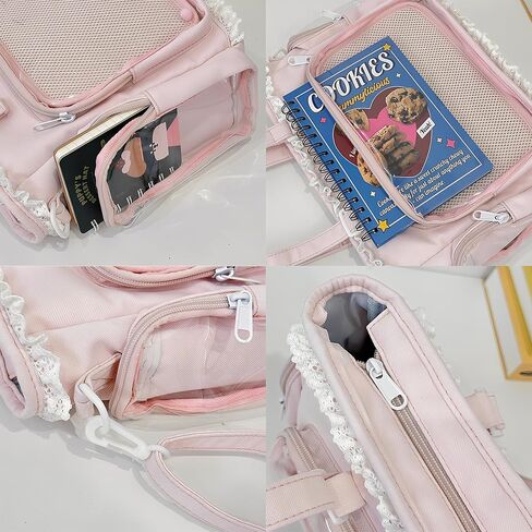 Pink Ita Tote Crossbody Bag with Insert, Large Lace Clear Window Pin Display Bag, Kawaii Ruffle Ita Bag for Anime Convention(no pins&plushes) in Kuwait