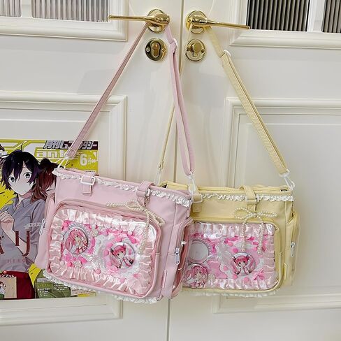 Pink Ita Tote Crossbody Bag with Insert, Large Lace Clear Window Pin Display Bag, Kawaii Ruffle Ita Bag for Anime Convention(no pins&plushes) in Kuwait