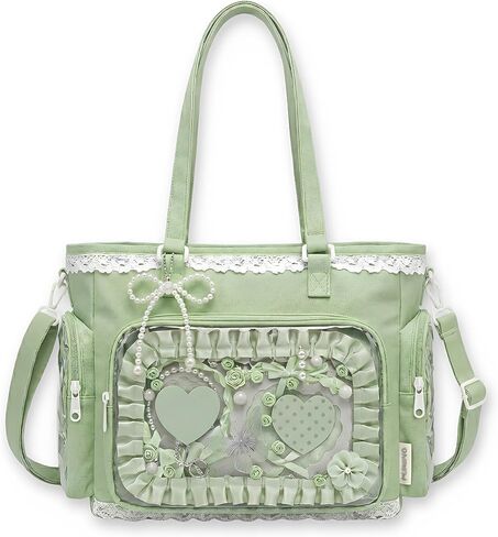 Pink Ita Tote Crossbody Bag with Insert, Large Lace Clear Window Pin Display Bag, Kawaii Ruffle Ita Bag for Anime Convention(no pins&plushes) in Kuwait