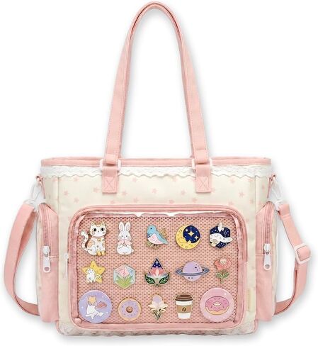 Pink Ita Tote Crossbody Bag with Insert, Large Lace Clear Window Pin Display Bag, Kawaii Ruffle Ita Bag for Anime Convention(no pins&plushes) in Kuwait