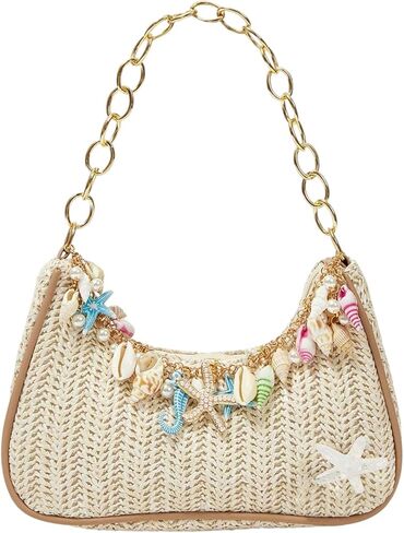 Verdusa Women's Boho Seashell Starfish Straw Shoulder Handbags Chain Strap Top Handle Underarm Bags in Kuwait