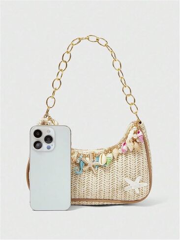 Verdusa Women's Boho Seashell Starfish Straw Shoulder Handbags Chain Strap Top Handle Underarm Bags in Kuwait