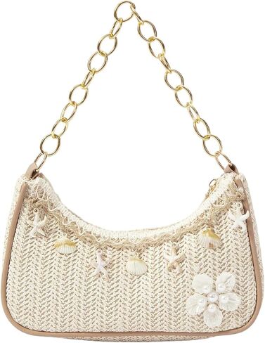 Verdusa Women's Boho Seashell Starfish Straw Shoulder Handbags Chain Strap Top Handle Underarm Bags in Kuwait