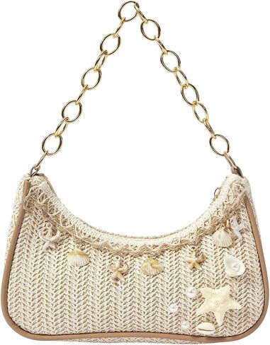 Verdusa Women's Boho Seashell Starfish Straw Shoulder Handbags Chain Strap Top Handle Underarm Bags in Kuwait