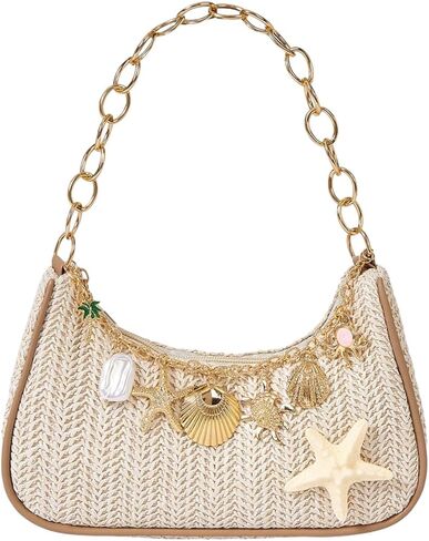Verdusa Women's Boho Seashell Starfish Straw Shoulder Handbags Chain Strap Top Handle Underarm Bags in Kuwait