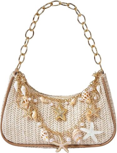 Verdusa Women's Boho Seashell Starfish Straw Shoulder Handbags Chain Strap Top Handle Underarm Bags in Kuwait