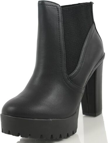 Delicious Women's Semper Faux Leather Closed Toe Elastic Side Panel Lug Platform High Heels Ankle Bootie in Saudi Arabia