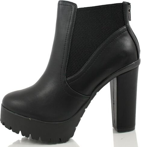Delicious Women's Semper Faux Leather Closed Toe Elastic Side Panel Lug Platform High Heels Ankle Bootie in Saudi Arabia