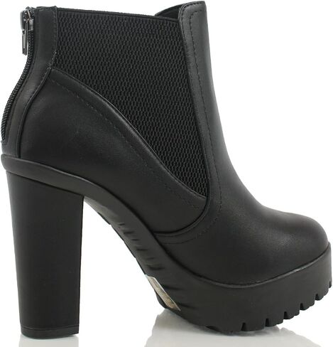 Delicious Women's Semper Faux Leather Closed Toe Elastic Side Panel Lug Platform High Heels Ankle Bootie in Saudi Arabia
