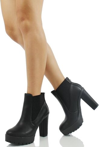 Delicious Women's Semper Faux Leather Closed Toe Elastic Side Panel Lug Platform High Heels Ankle Bootie in Saudi Arabia