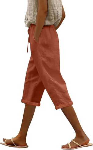 Womens Cotton Linen Shorts Drawstring Elastic Waist Cropped Pants Summer Casual Gym Going Out Short with Pockets in Kuwait