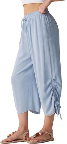 MOOSLOVER Women Linen Capri Pants Wide Leg Cropped Pants Summer Beach Travel Vacation Outfits with Pockets in Kuwait