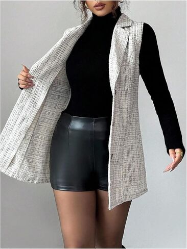 سترة نسائية من OYOANGLE منقوشة من التويد بأزرار سفلية بدون أكمام ورقبة على شكل حرف V صدرية ملابس كاجوال للعمل in Kuwait