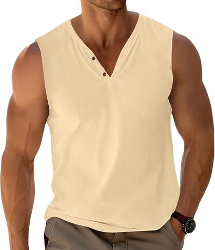 Men's V-Neck Button Tank Top Sleeveless Vest Henley T-Shirt Summer Tee Base Tops in Saudi Arabia