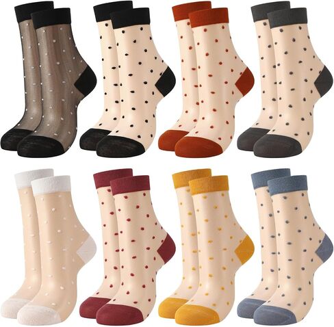 8 Pairs Sheer Socks Women Mesh Polka Dot Bow Cute Casual Socks See Through Transparent Thin Nylon Sock Summer in Saudi Arabia