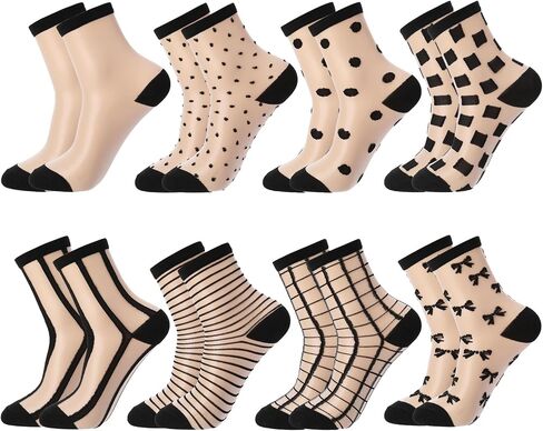 8 Pairs Sheer Socks Women Mesh Polka Dot Bow Cute Casual Socks See Through Transparent Thin Nylon Sock Summer in Saudi Arabia