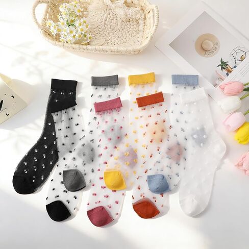 8 Pairs Sheer Socks Women Mesh Polka Dot Bow Cute Casual Socks See Through Transparent Thin Nylon Sock Summer in Saudi Arabia