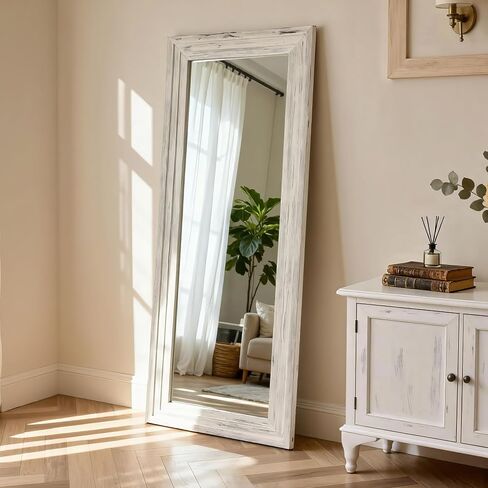 Floor Length Mirror with Wooden Frame,Full Length Standing Floor Mirror for Farmhouse, Bathroom, Bedroom Decor, Hanging or Leaning Wall-Mounted,White in Saudi Arabia