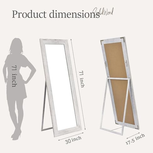 Floor Length Mirror with Wooden Frame,Full Length Standing Floor Mirror for Farmhouse, Bathroom, Bedroom Decor, Hanging or Leaning Wall-Mounted,White in Saudi Arabia