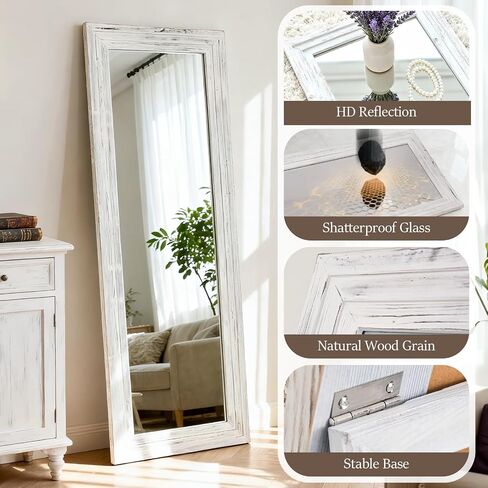 Floor Length Mirror with Wooden Frame,Full Length Standing Floor Mirror for Farmhouse, Bathroom, Bedroom Decor, Hanging or Leaning Wall-Mounted,White in Saudi Arabia
