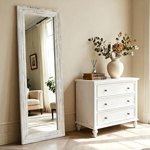 Floor Length Mirror with Wooden Frame,Full Length Standing Floor Mirror for Farmhouse, Bathroom, Bedroom Decor, Hanging or Leaning Wall-Mounted,White in Saudi Arabia