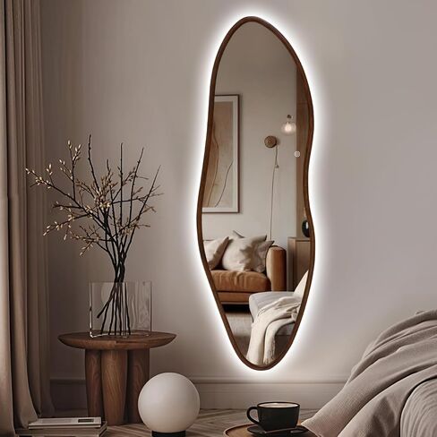 Niccy Irregular Full Length Mirror with LED Lights, 65"x22" Wooden Frame Full Body Mirrors, Wall Mounted Asymmetrical Vanity Mirror for Bedroom Living Room, Vertical/Horizontal in Saudi Arabia
