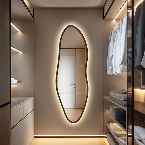Niccy Irregular Full Length Mirror with LED Lights, 65"x22" Wooden Frame Full Body Mirrors, Wall Mounted Asymmetrical Vanity Mirror for Bedroom Living Room, Vertical/Horizontal in Saudi Arabia