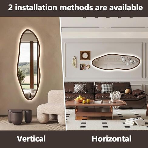 Niccy Irregular Full Length Mirror with LED Lights, 65"x22" Wooden Frame Full Body Mirrors, Wall Mounted Asymmetrical Vanity Mirror for Bedroom Living Room, Vertical/Horizontal in Saudi Arabia