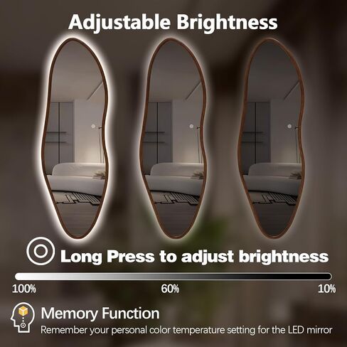 Niccy Irregular Full Length Mirror with LED Lights, 65"x22" Wooden Frame Full Body Mirrors, Wall Mounted Asymmetrical Vanity Mirror for Bedroom Living Room, Vertical/Horizontal in Saudi Arabia
