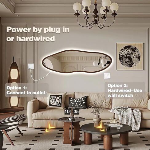 Niccy Irregular Full Length Mirror with LED Lights, 65"x22" Wooden Frame Full Body Mirrors, Wall Mounted Asymmetrical Vanity Mirror for Bedroom Living Room, Vertical/Horizontal in Saudi Arabia