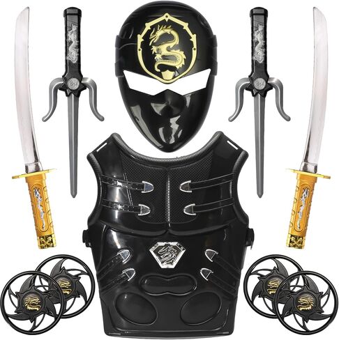 Ninja Warrior Weapons Set with Chest Armor Mask Ninja Roleplay Pretend Play Cosplay Accessories Kids Martial Arts Katanas SAIS Throwing Stars 10 Pcs Black in Saudi Arabia