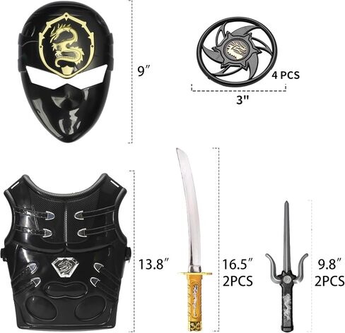 Ninja Warrior Weapons Set with Chest Armor Mask Ninja Roleplay Pretend Play Cosplay Accessories Kids Martial Arts Katanas SAIS Throwing Stars 10 Pcs Black in Saudi Arabia