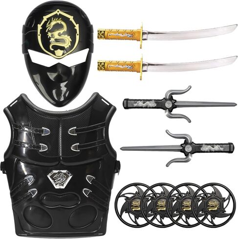 Ninja Warrior Weapons Set with Chest Armor Mask Ninja Roleplay Pretend Play Cosplay Accessories Kids Martial Arts Katanas SAIS Throwing Stars 10 Pcs Black in Saudi Arabia